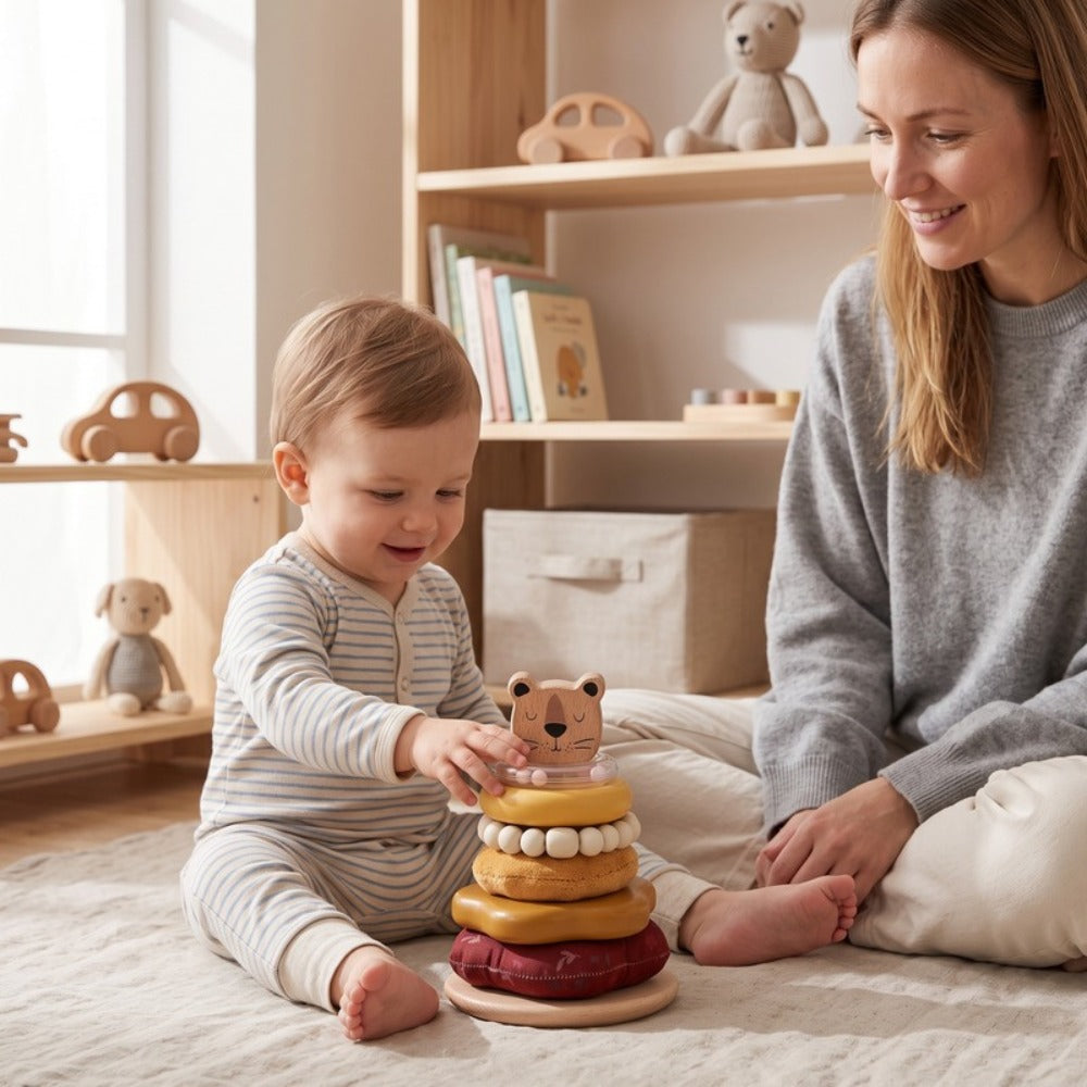 Momi Toys Wooden Stacking Rings, Lion Montessori Stacker