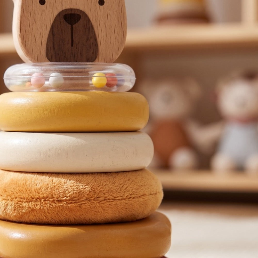 Momi Toys Wooden Stacking Rings, Lion Montessori Stacker