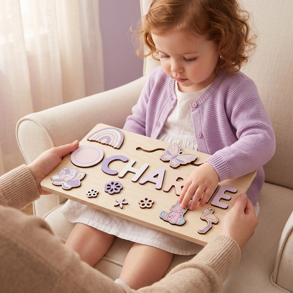 Toddler and mum with the Momi Toys Personalized Wooden Name Puzzle, Dreamer design