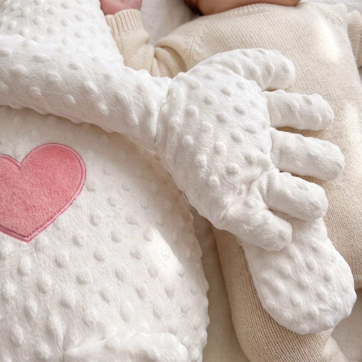 Close up of the Momi Toys duck plush 3D dotted fleece texture and weighted palm resting on a child arm