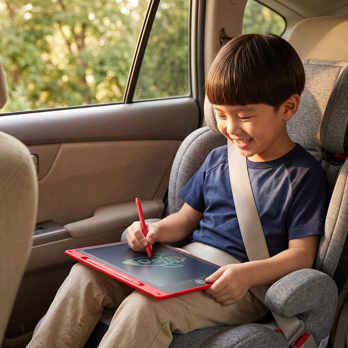 Boy drawing on the red Momi Toys LCD Drawing Tablet on a car trip
