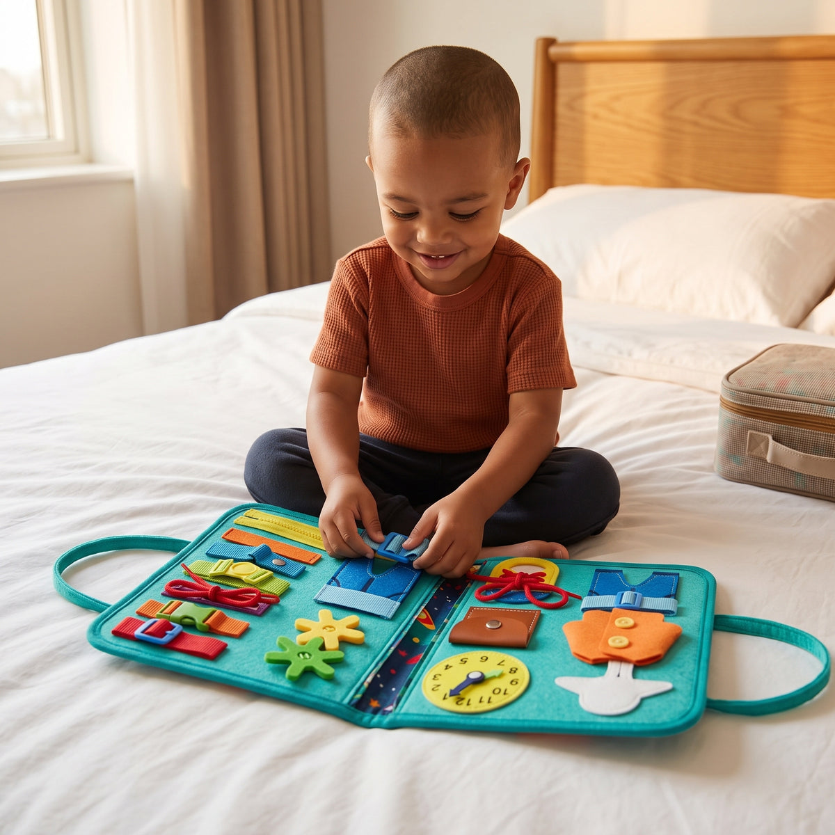 Boy playing with the turquoise Momi Toys Busy Travel Bag