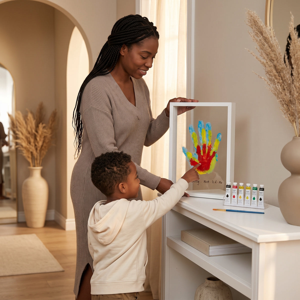Mum and son displaying the Momi Toys Family Handprint Frame Kit, white