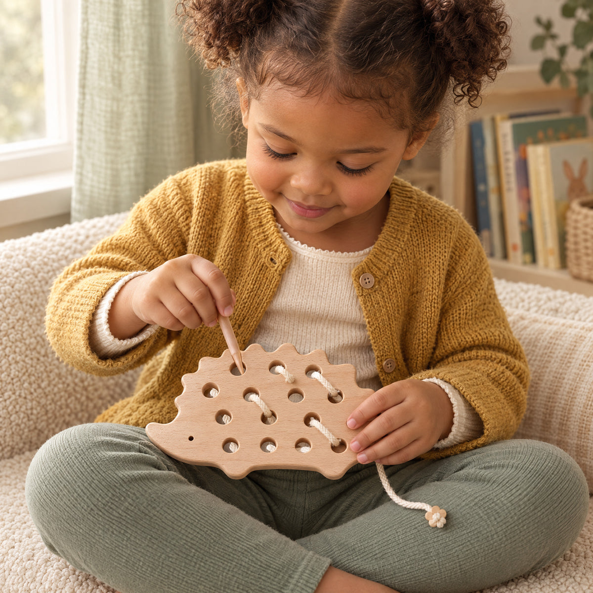Toddler lacing the Momi Toys Wooden Hedgehog Threading Toy with the wooden needle and cotton cord