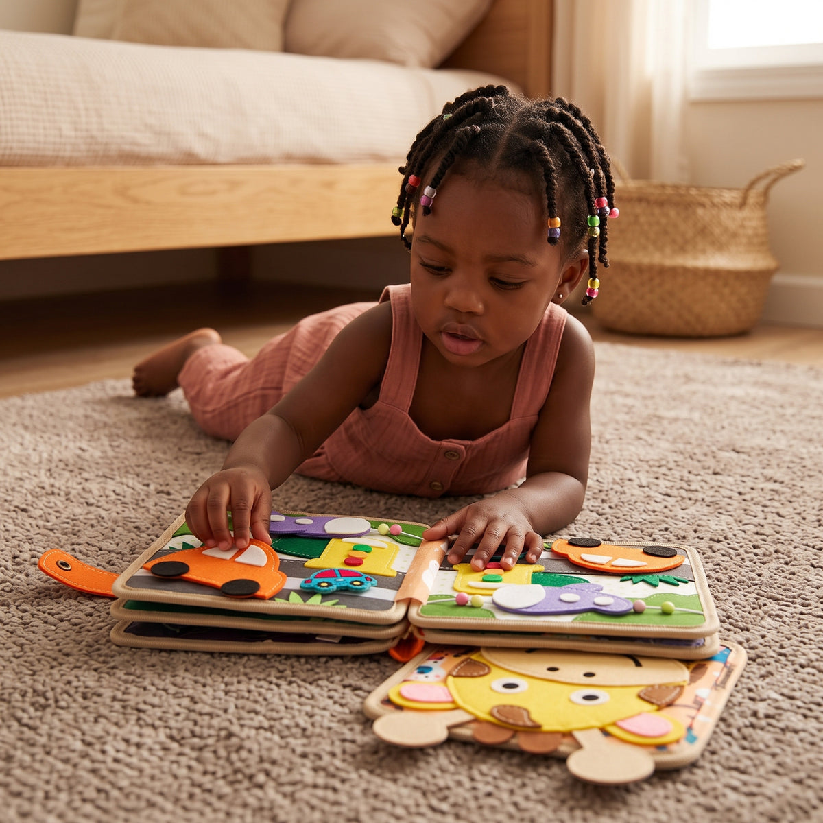 Toddler playing with the Momi Toys Felt Quiet Book, Giraffe