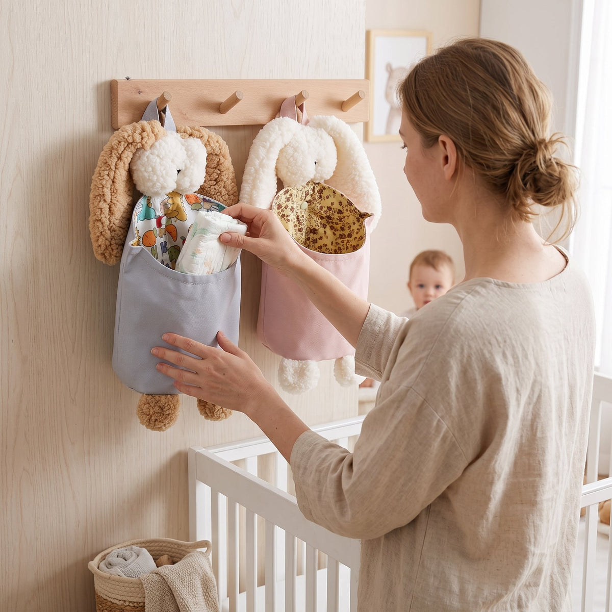 Momi Toys Bunny Hanging Organizer, Diaper Caddy Storage