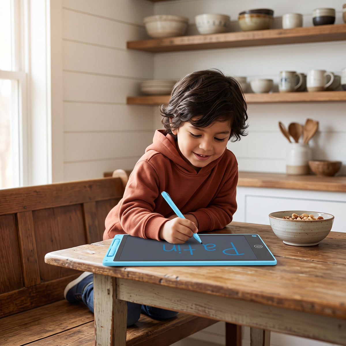 Boy writing on the blue Momi Toys LCD Drawing Tablet