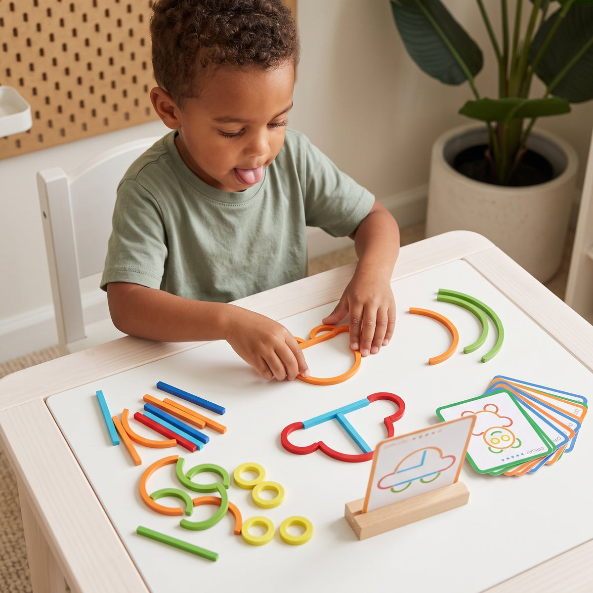 Boy building with the Momi Toys Stick & Rings Puzzle
