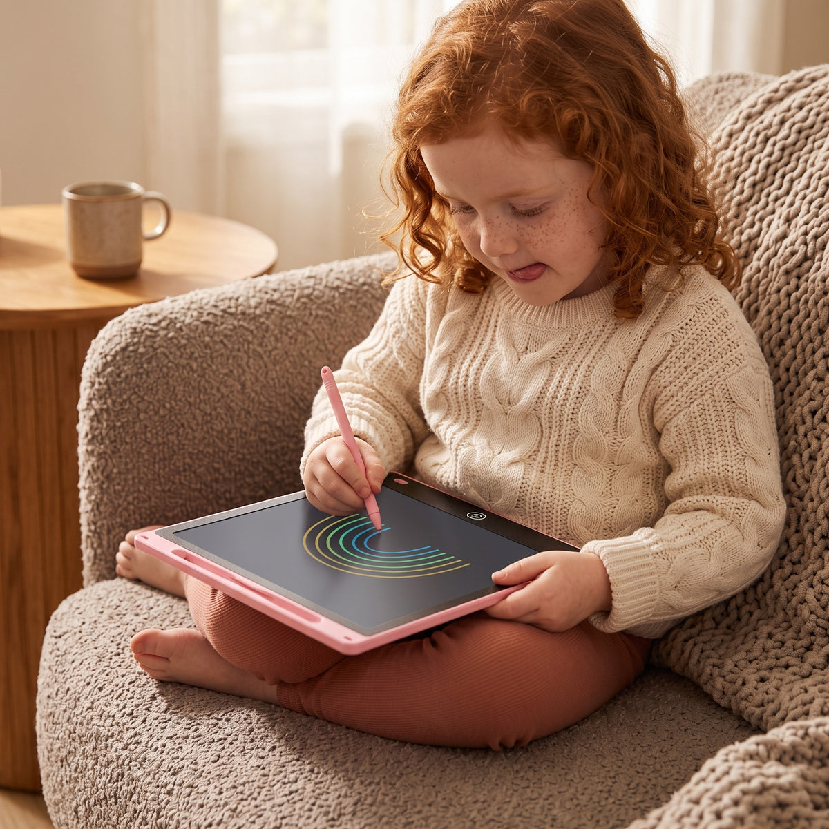 Girl drawing on the pink Momi Toys LCD Drawing Tablet