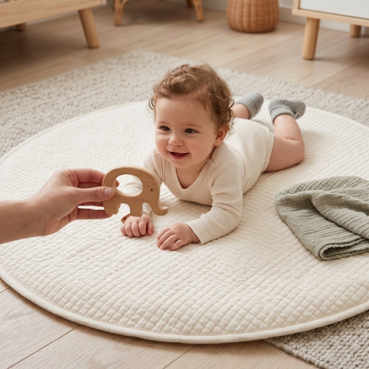 Momi Toys Round Baby Play Mat, Quilted Cotton Tummy Time Mat