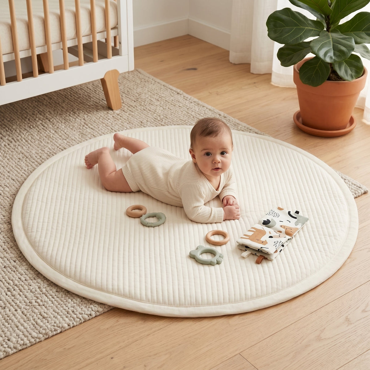 Momi Toys Round Baby Play Mat, Quilted Cotton Tummy Time Mat