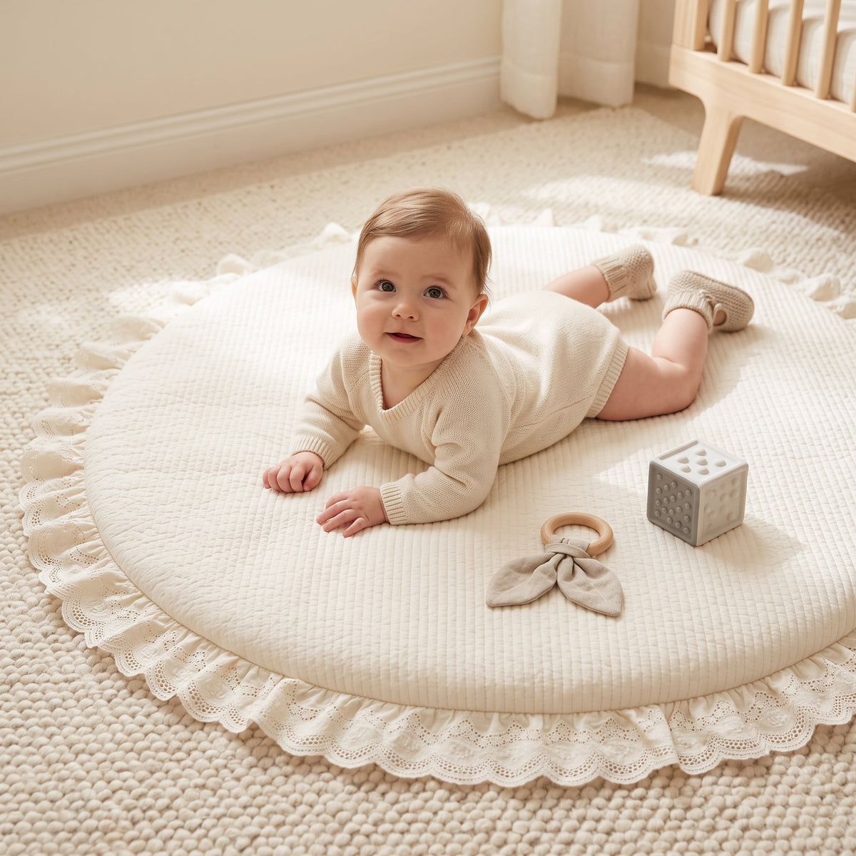 Momi Toys Round Baby Play Mat, Quilted Cotton Tummy Time Mat
