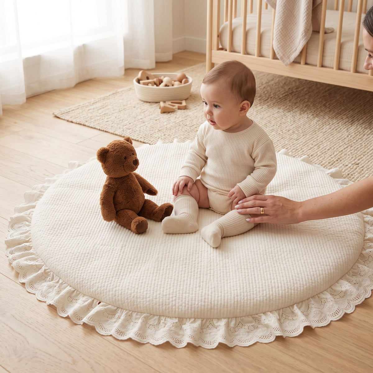 Momi Toys Round Baby Play Mat, Quilted Cotton Tummy Time Mat