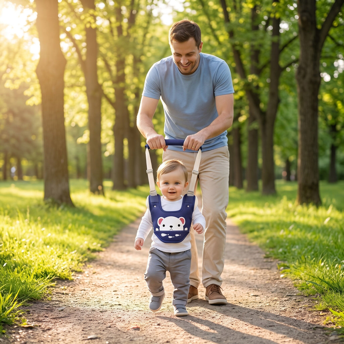 Father standing upright behind toddler walking on a sunny park path with the walking harness