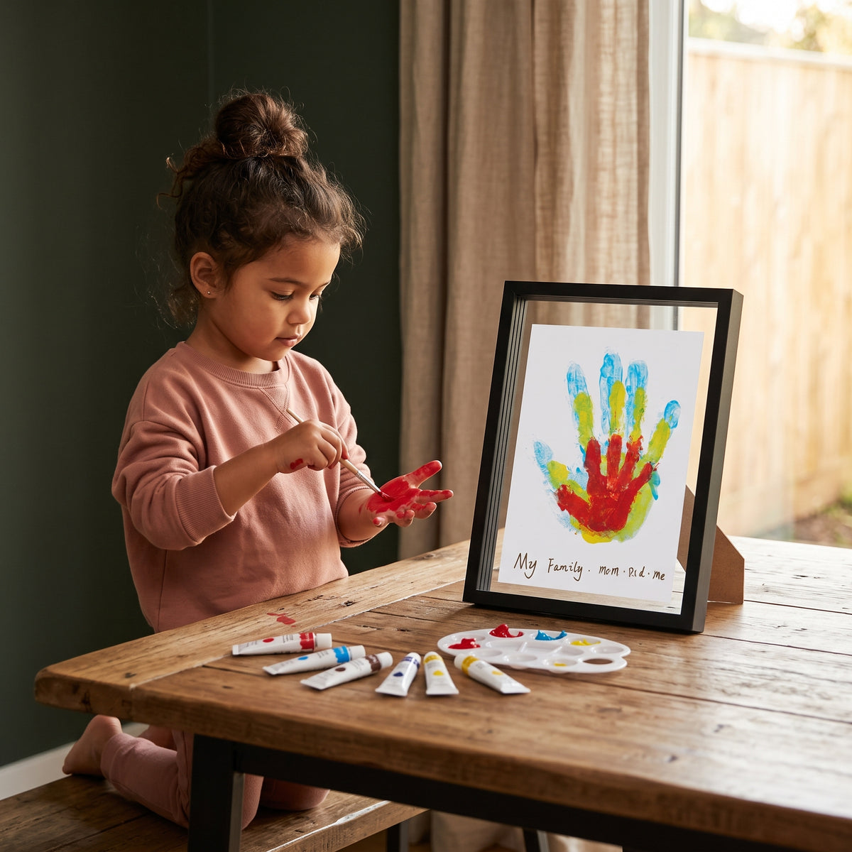 Girl painting her hand for the Momi Toys Family Handprint Frame Kit, black