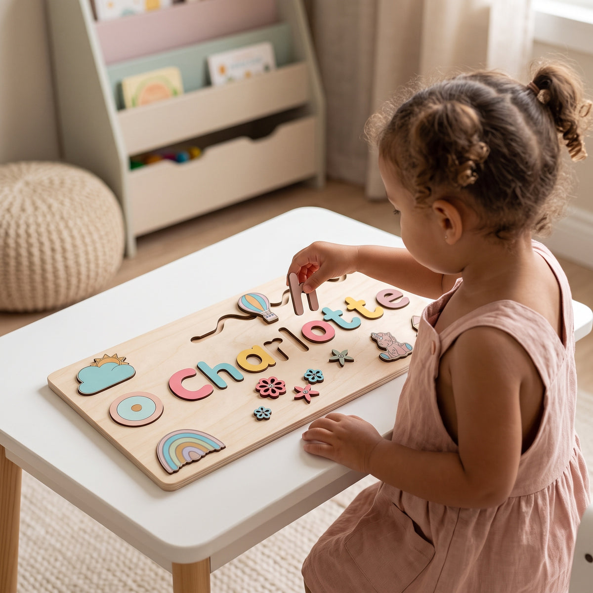 Girl lifting a letter from the Momi Toys Personalized Wooden Name Puzzle, Blossoms design