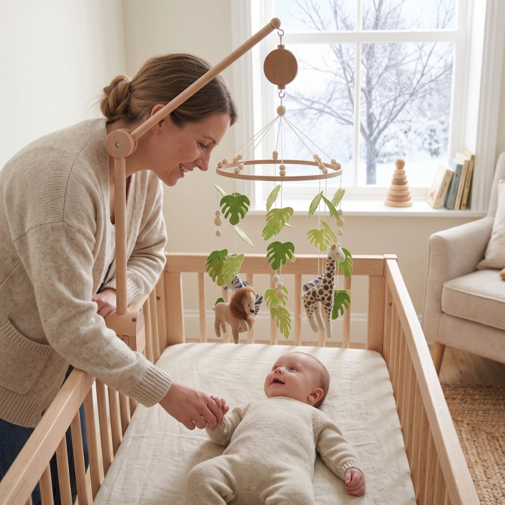 Momi Toys Wooden Crib Mobile, Felt Animal Baby Nursery Mobile
