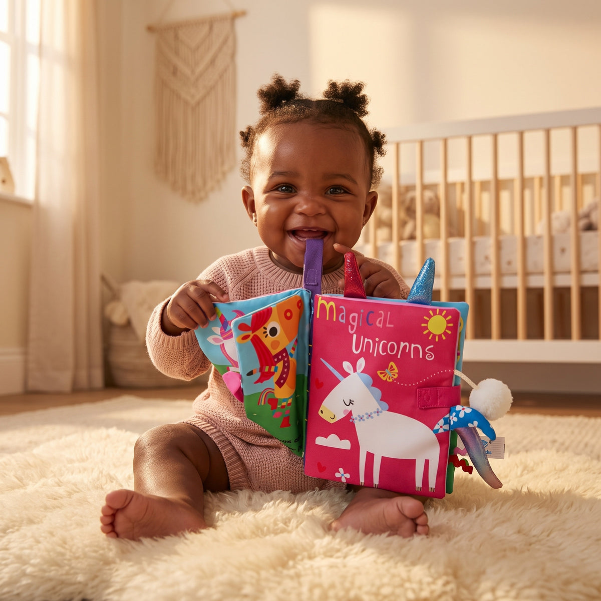 Baby playing with the Momi Toys Soft Cloth Book, Unicorns