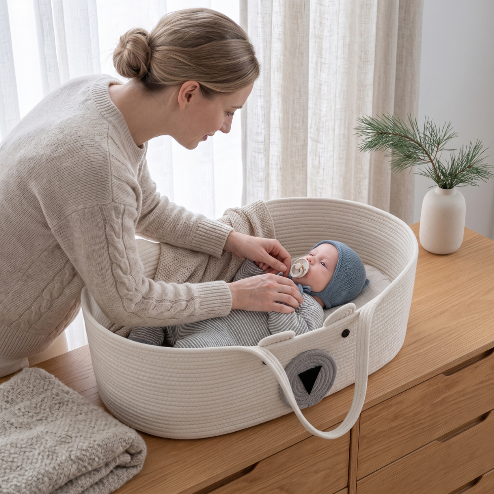 Momi Toys Woven Moses Basket, Cotton Rope Baby Basket