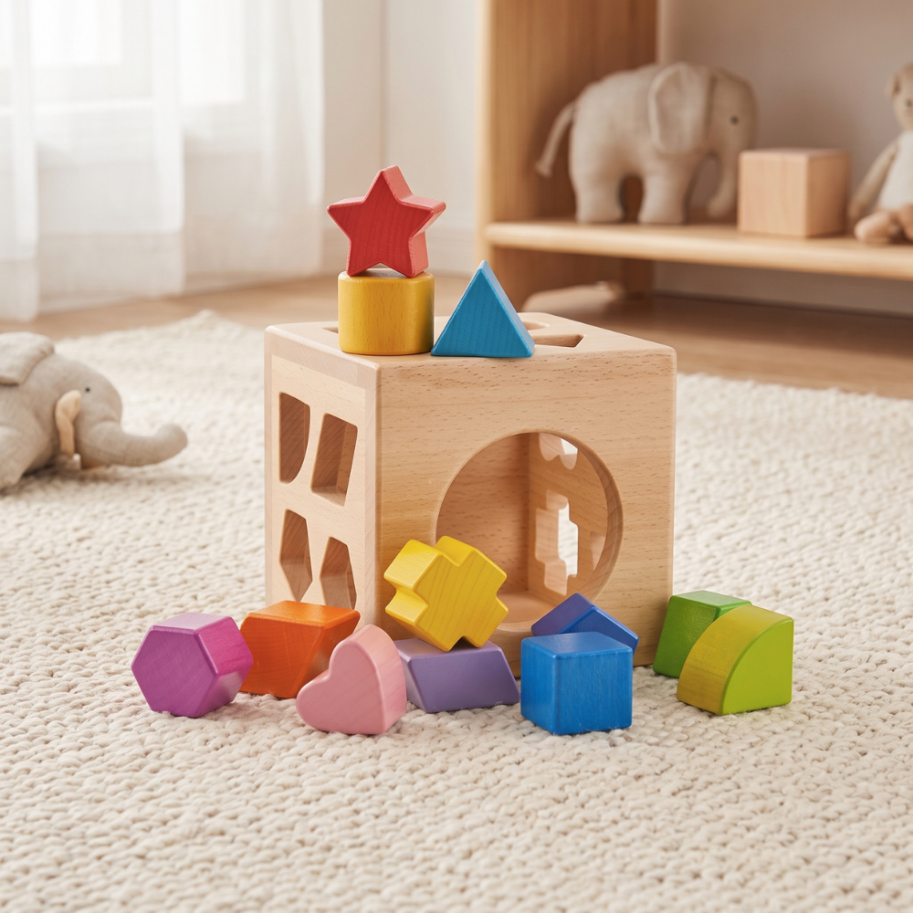 Momi Toys Wooden Shape Sorter Cube, Montessori Toy for 1 Year Olds