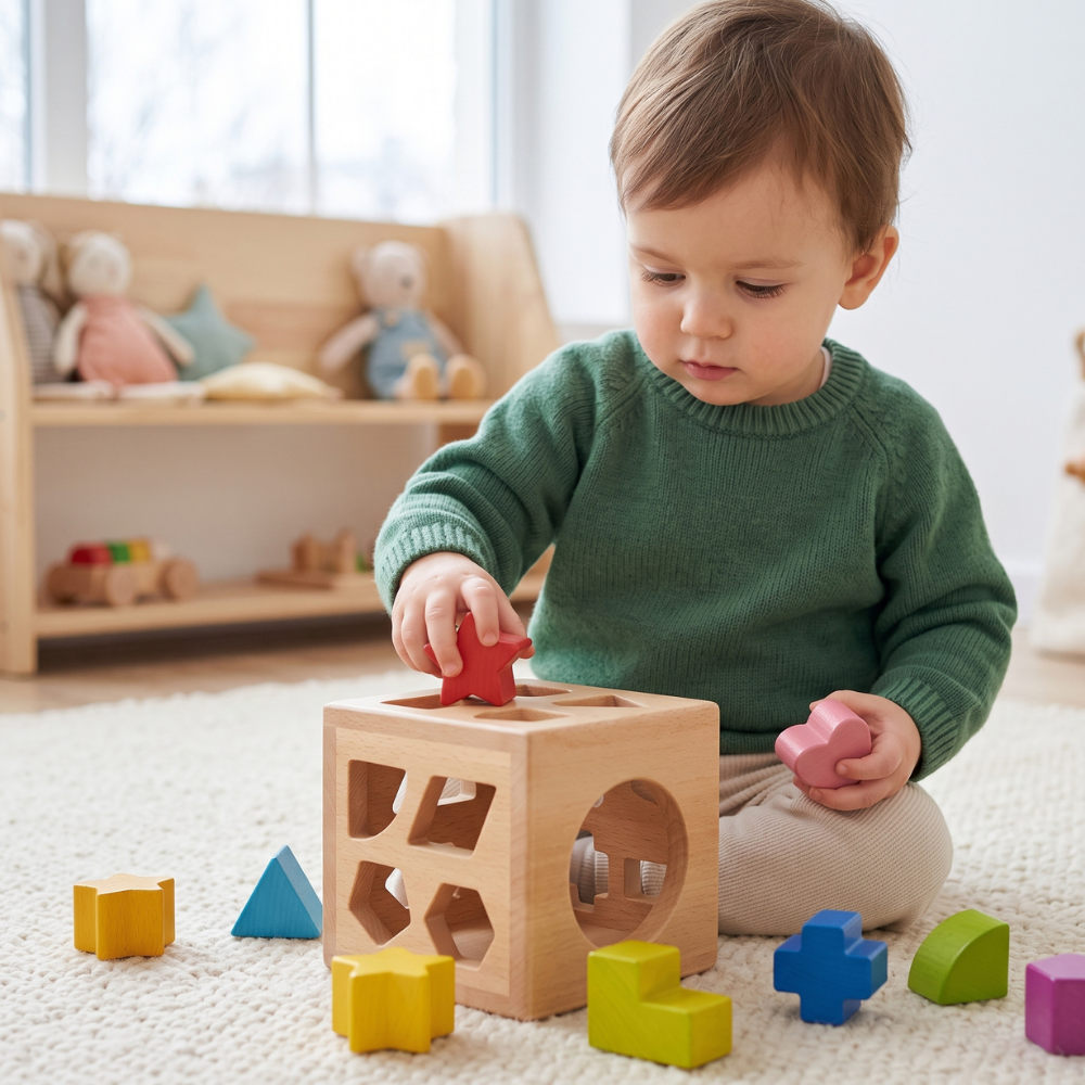 Momi Toys Wooden Shape Sorter Cube, Montessori Toy for 1 Year Olds