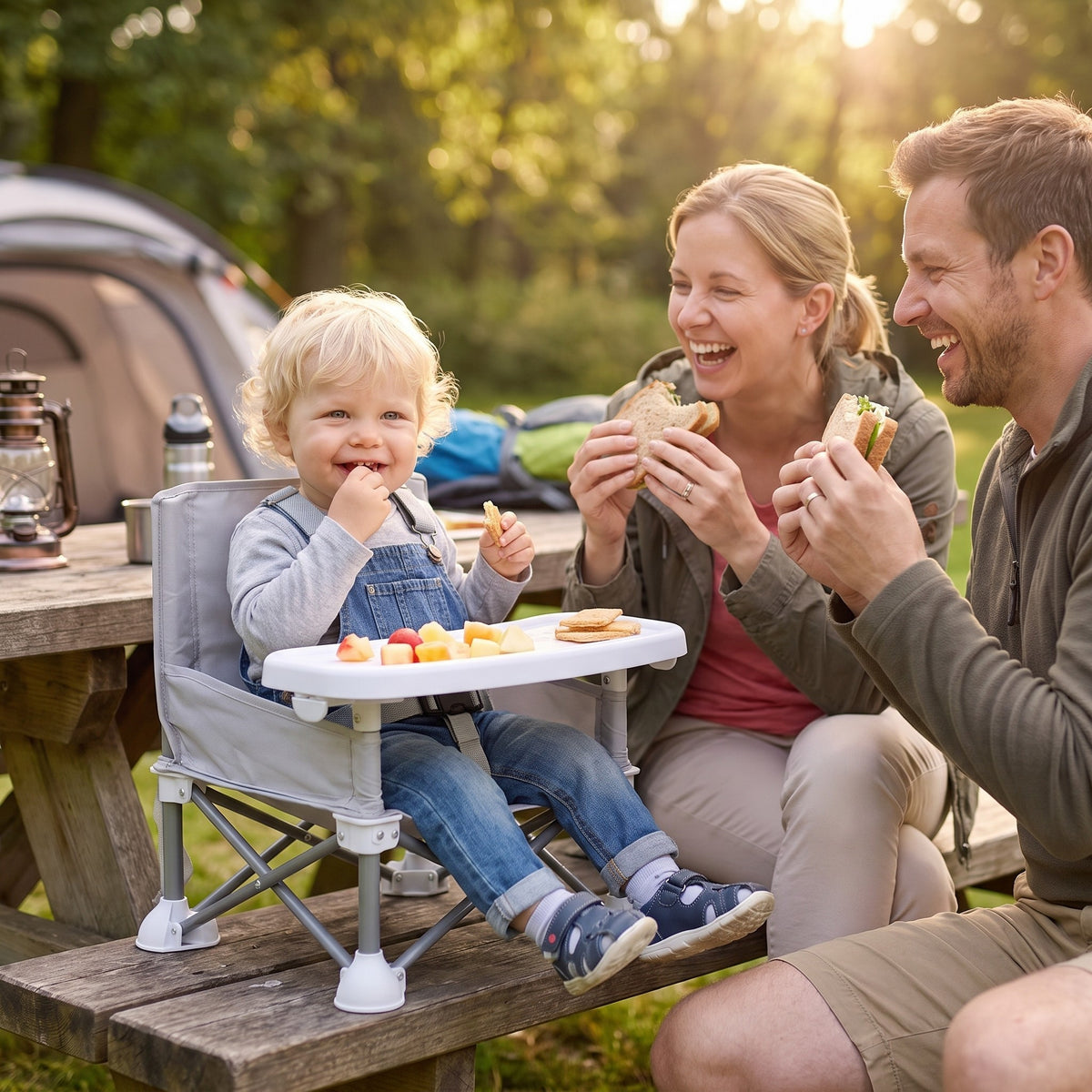 Toddler buckled into the Momi Toys folding travel booster seat at a campsite picnic table while parents eat hands free