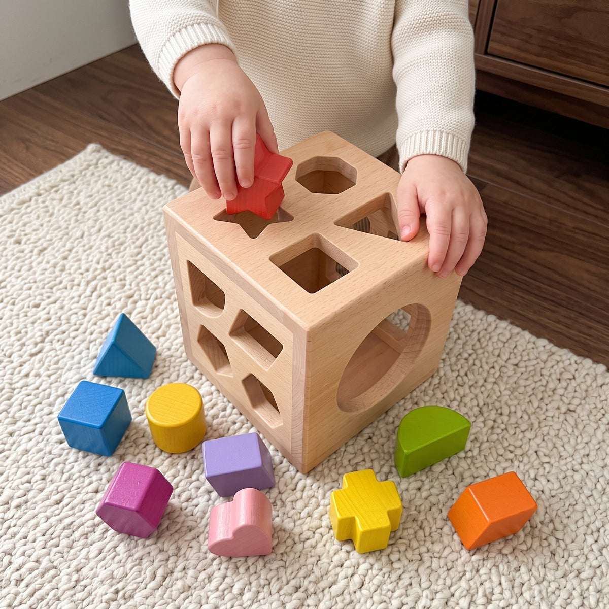 Momi Toys Wooden Shape Sorter Cube, Montessori Toy for 1 Year Olds