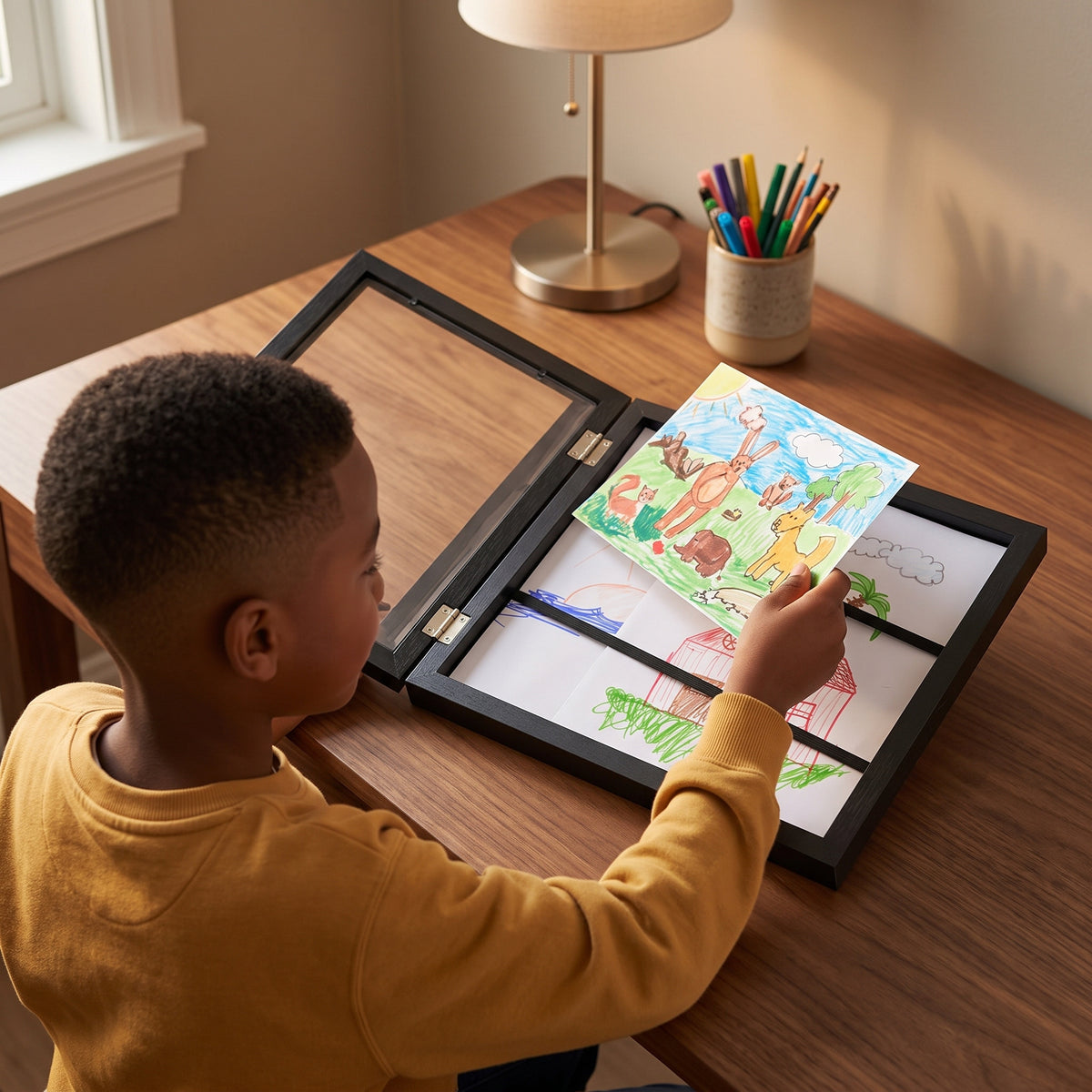 Boy swapping artwork in the Momi Toys Kids Art Display Frame, black