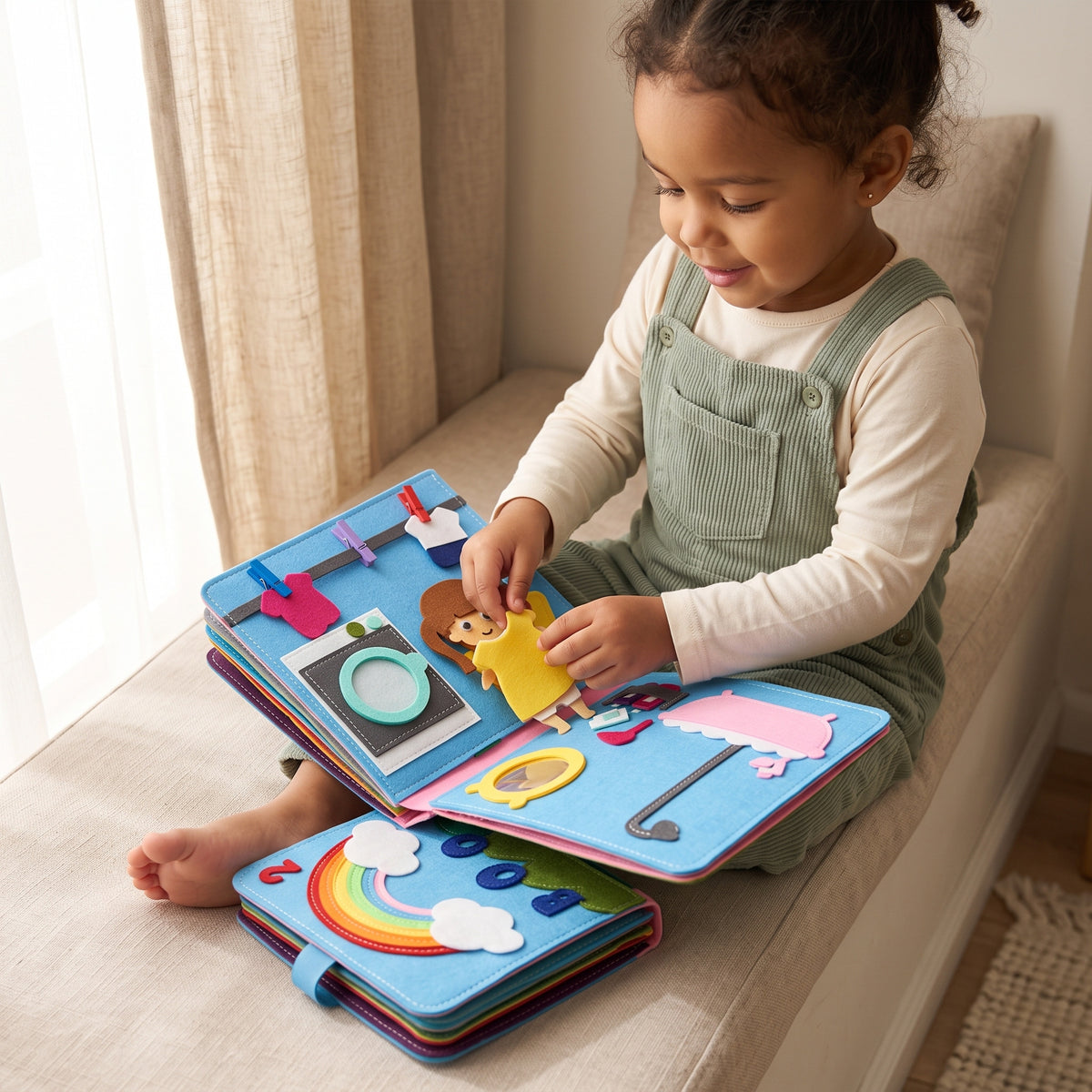 Girl playing with the Momi Toys Felt Quiet Book, Fantasy