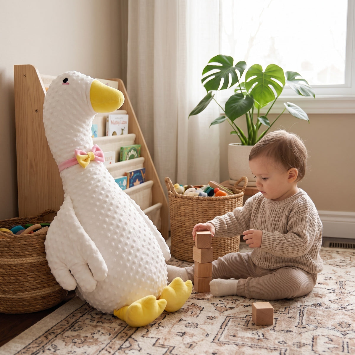 Momi Toys duck plush propped in a bright nursery play corner with a toddler playing beside it