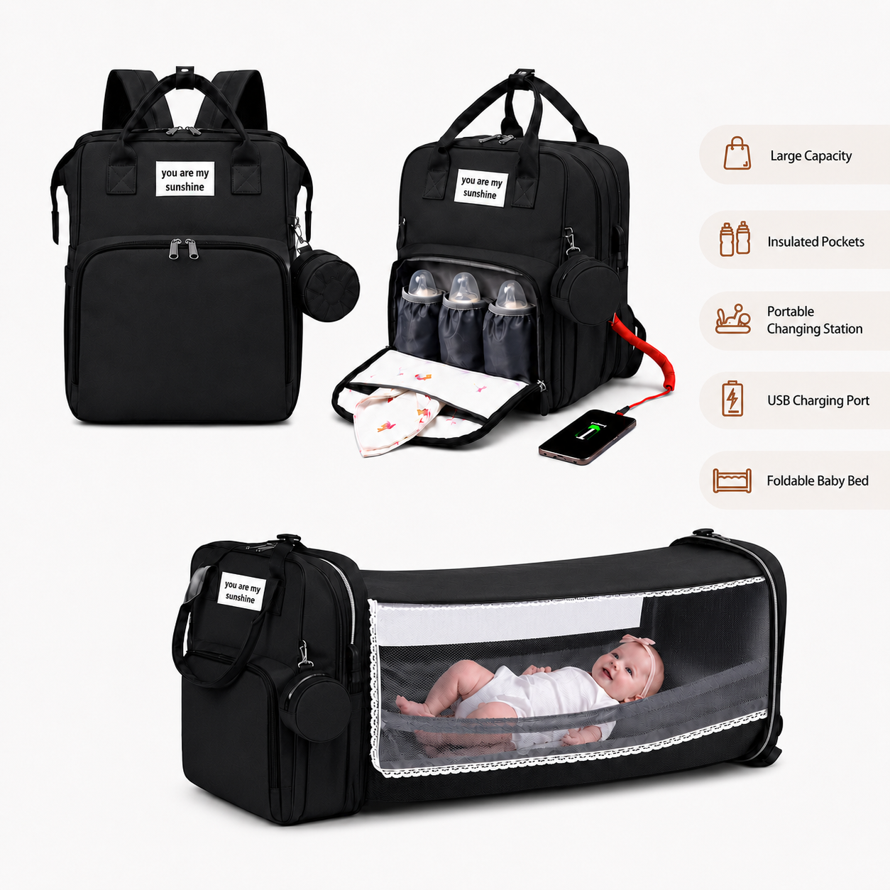 3-in-1 Diaper Bag Backpack with Foldable Baby Crib
