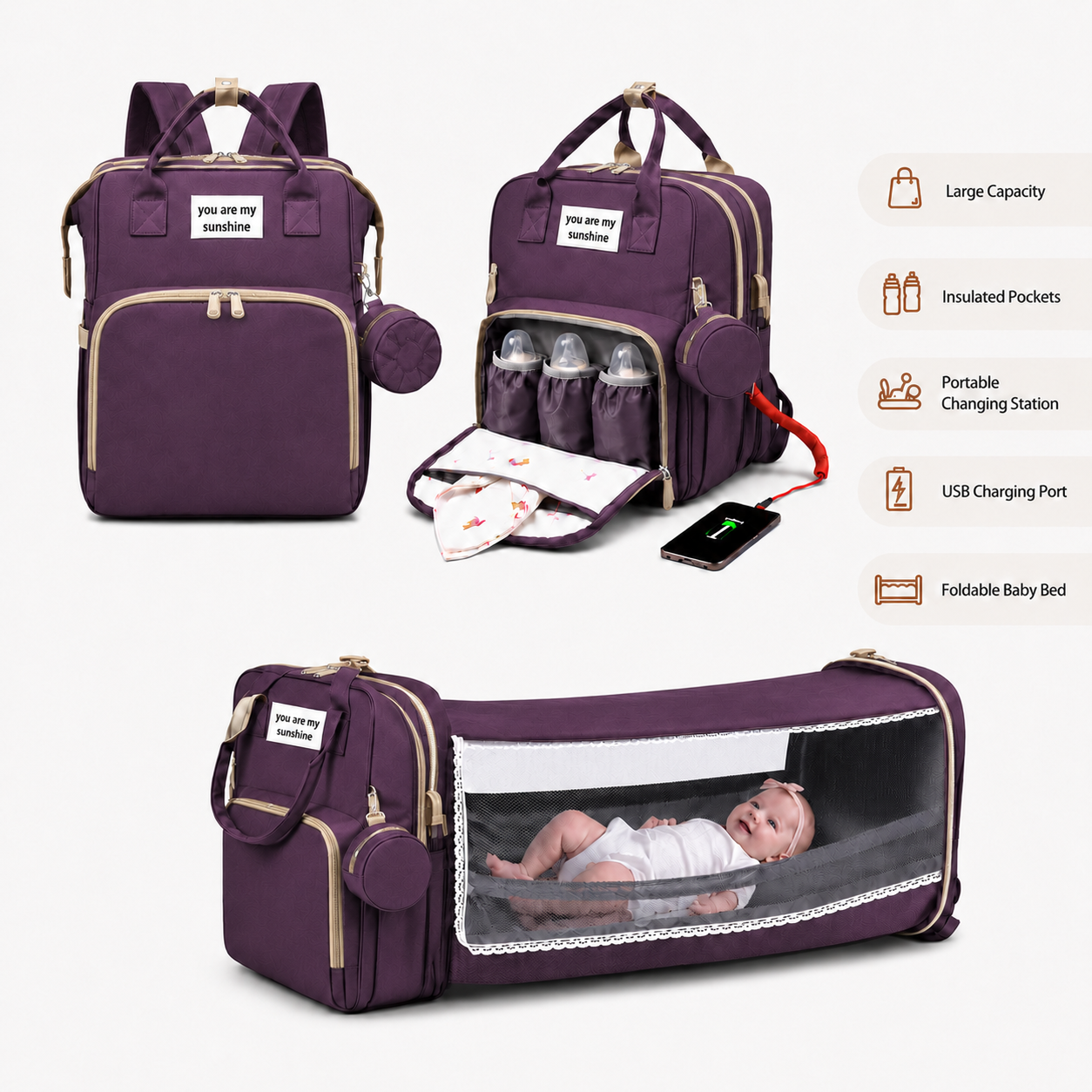 3-in-1 Diaper Bag Backpack with Foldable Baby Crib