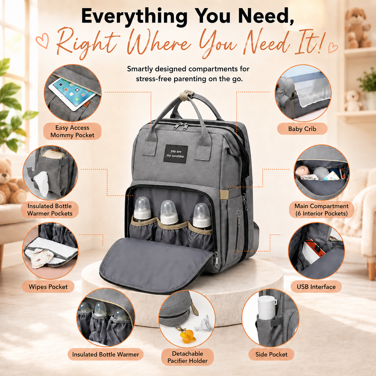 3-in-1 Diaper Bag Backpack with Foldable Baby Crib