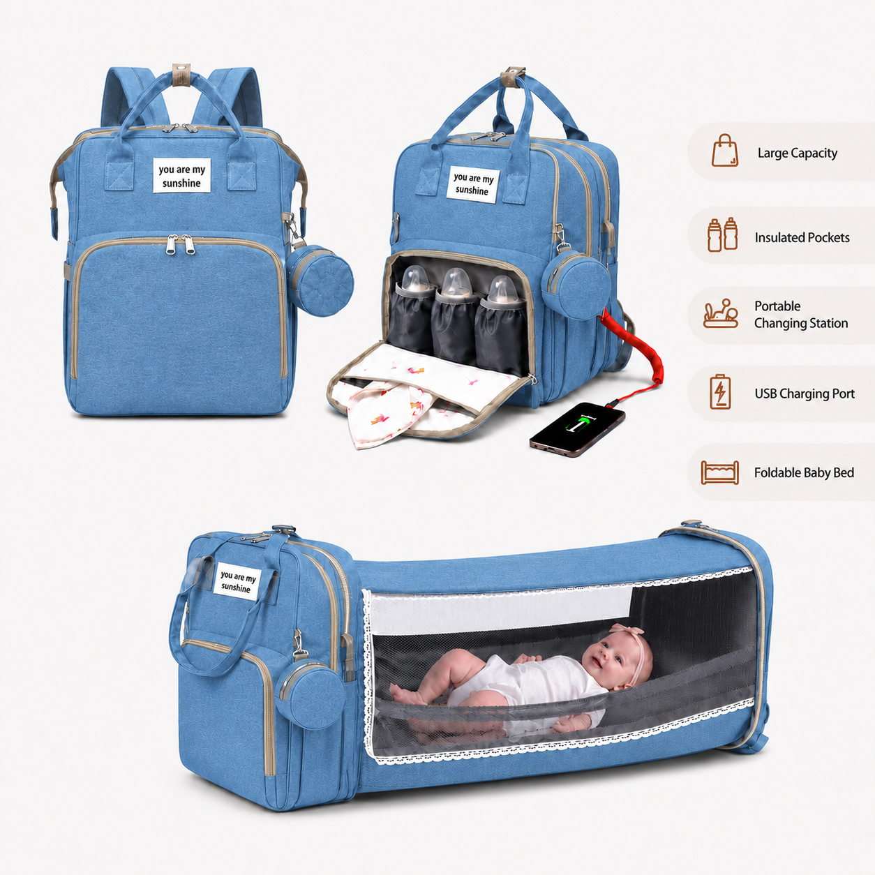 3-in-1 Diaper Bag Backpack with Foldable Baby Crib