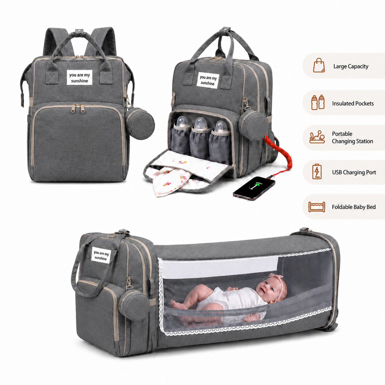 3-in-1 Diaper Bag Backpack with Foldable Baby Crib