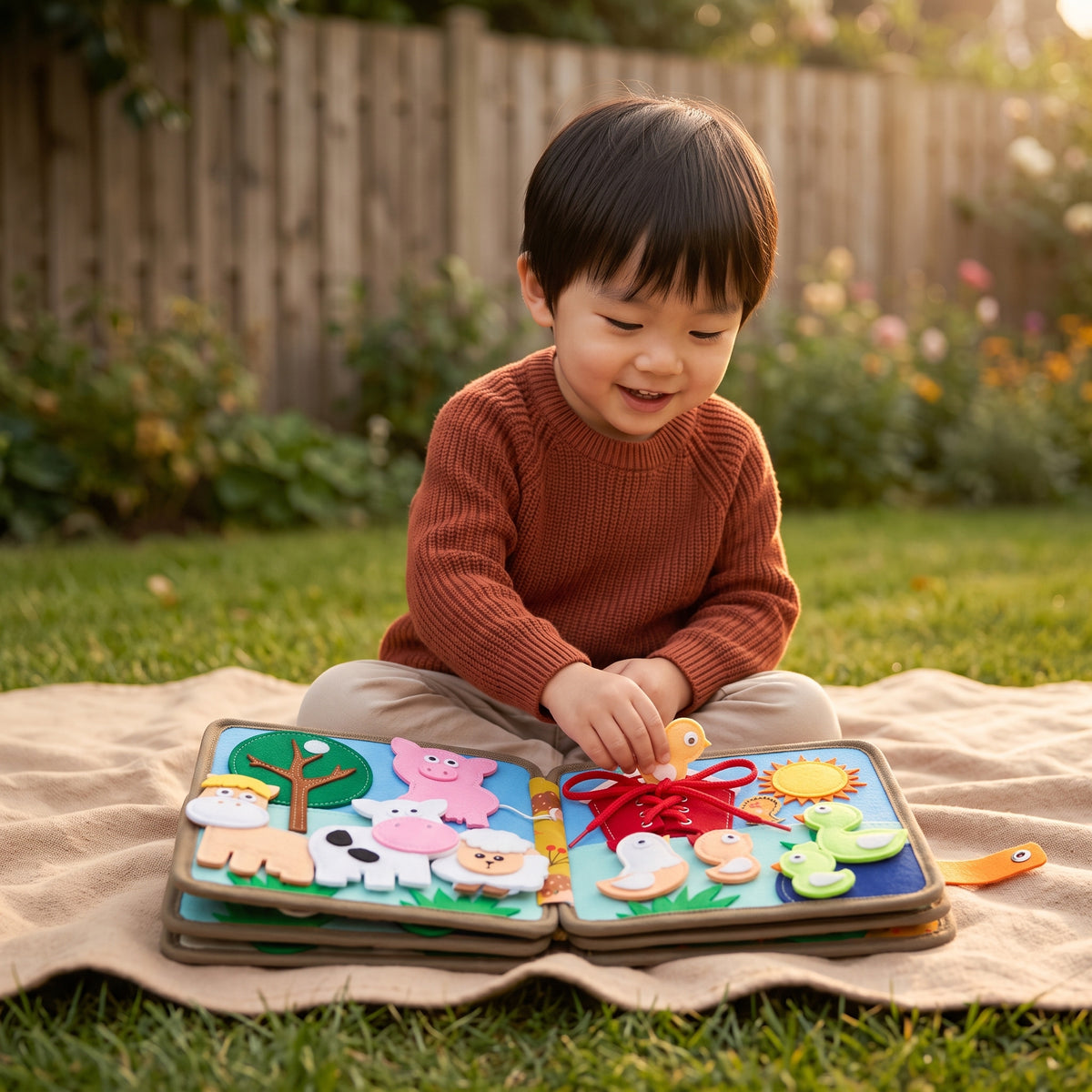Boy playing with the Momi Toys Felt Quiet Book, Deer