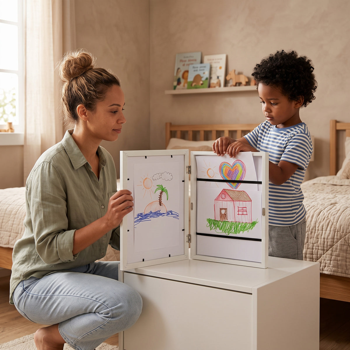 Mum and son filling the Momi Toys Kids Art Display Frame, white