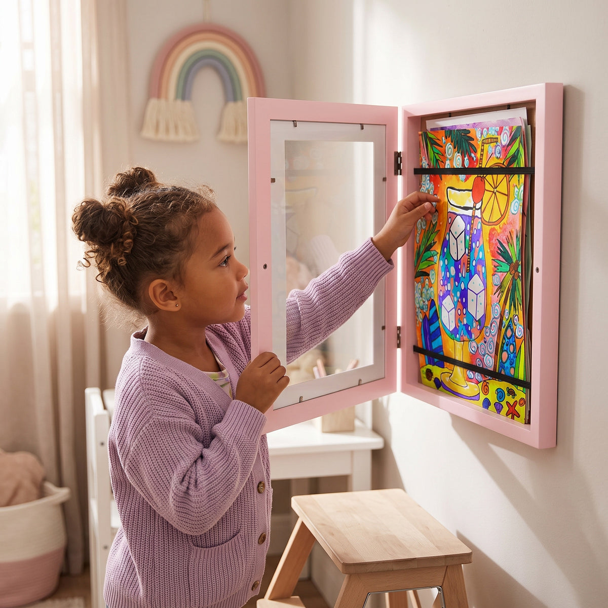Girl opening the Momi Toys Kids Art Display Frame, pink