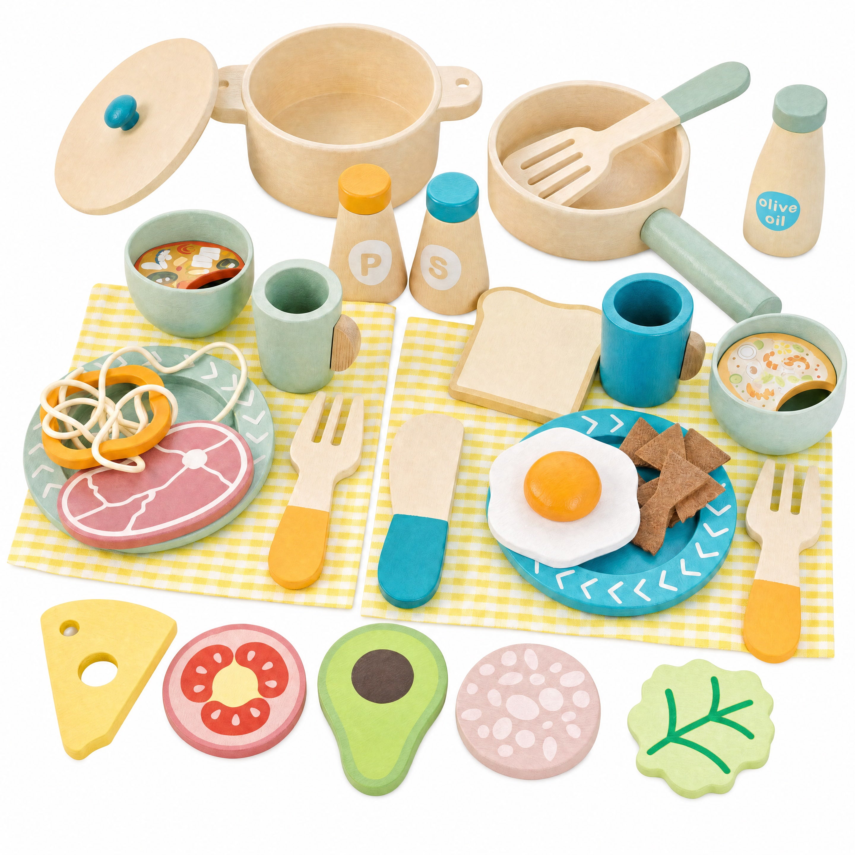 Wooden Play Kitchen Set — Pretend Cookware, Pots, Pans & Play Food for Toddlers