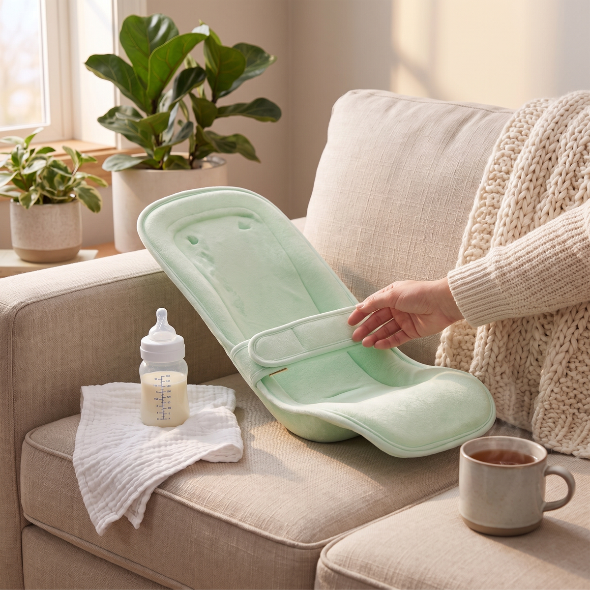 Nursing pillow on living room sofa with bottle and muslin cloth