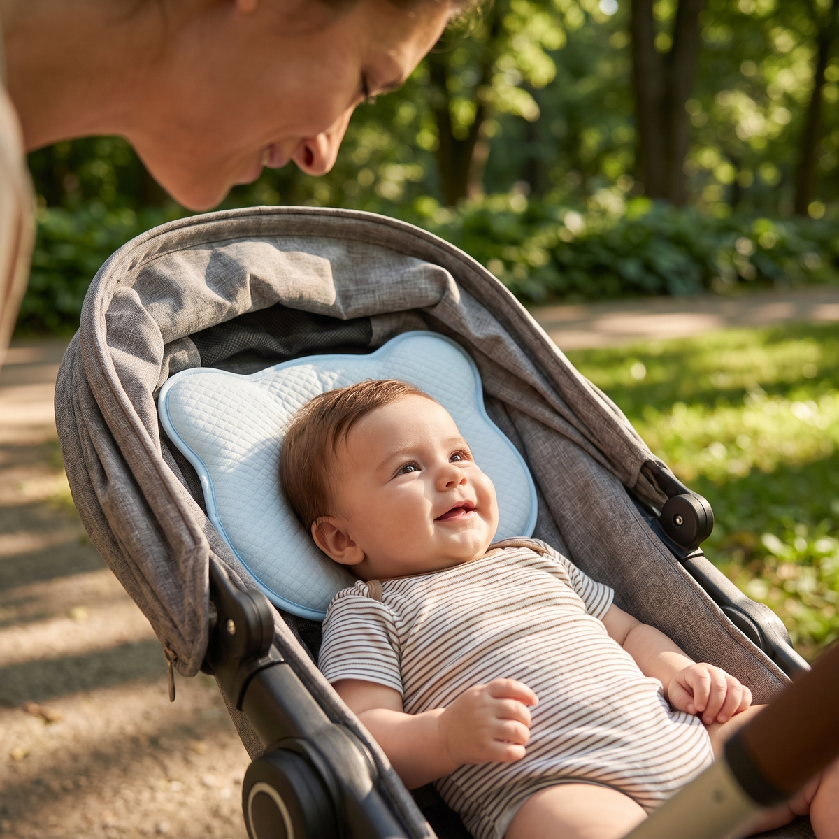 Baby reclining in stroller on memory foam pillow at the park