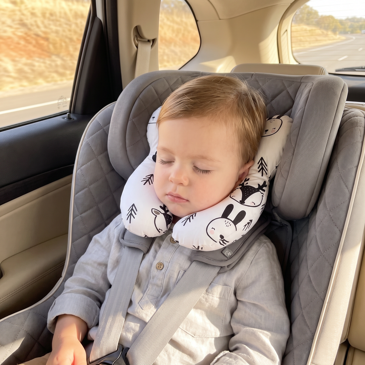 Child asleep in car seat with travel pillow keeping head upright