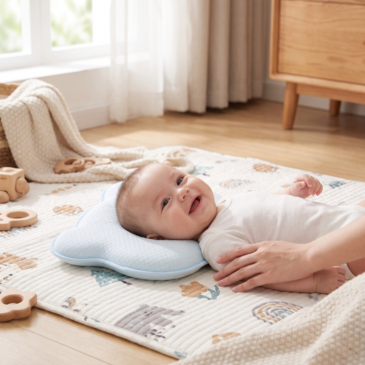 Awake baby resting head on low memory foam baby pillow