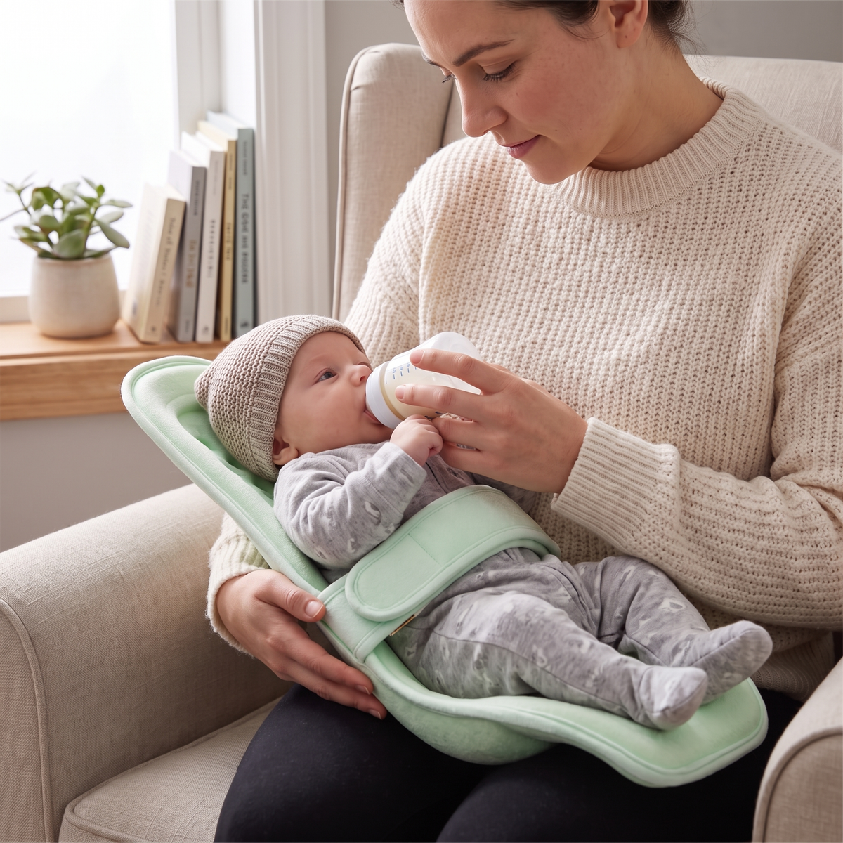 Mother feeding baby on inclined nursing pillow with relaxed arms