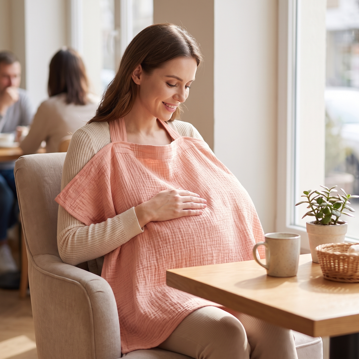 Mother looking down at baby through open neckline nursing cover