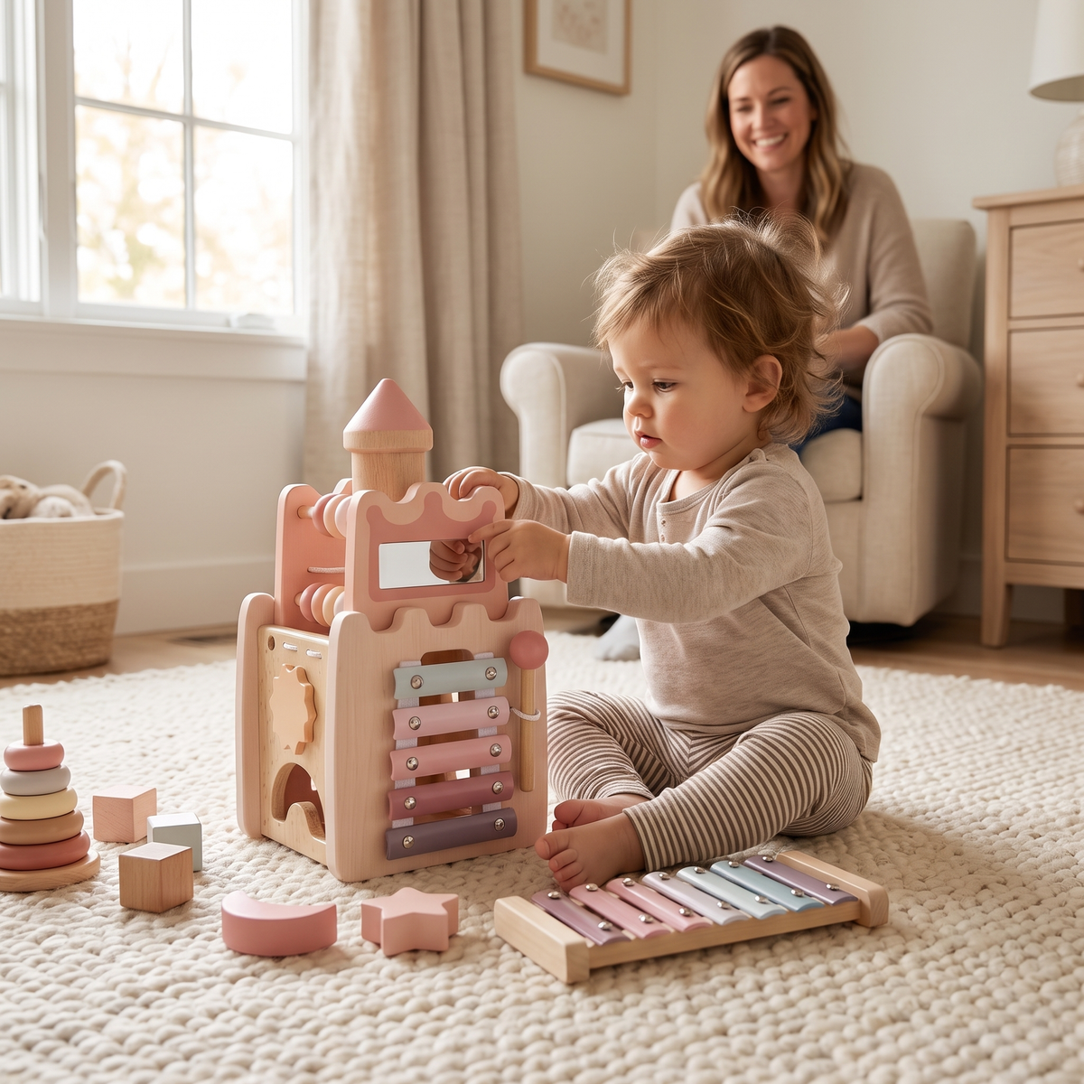 Toddler absorbed in sliding beads on wooden activity cube