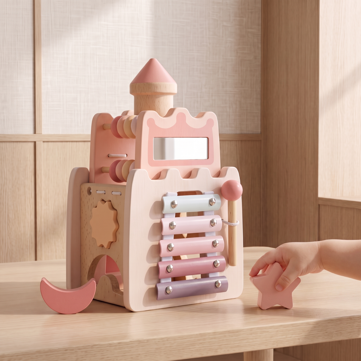 Close up of smooth solid wood activity cube xylophone and shapes