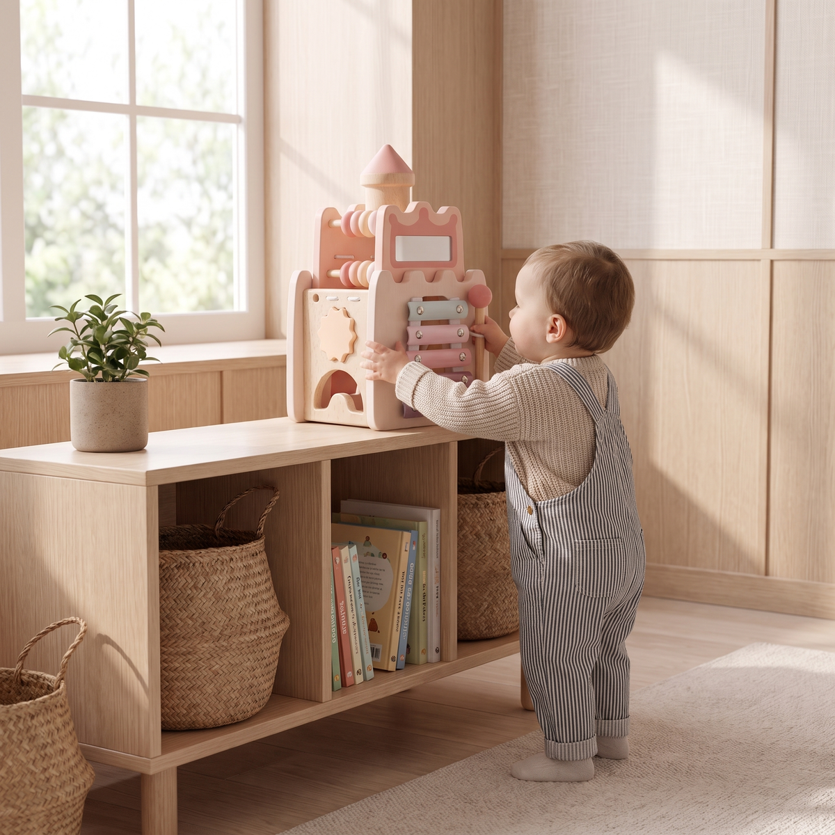 Wooden activity cube on a playroom toy shelf