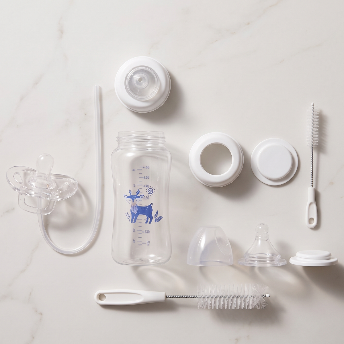 Hands free baby bottle set with straw nipples and cleaning brush