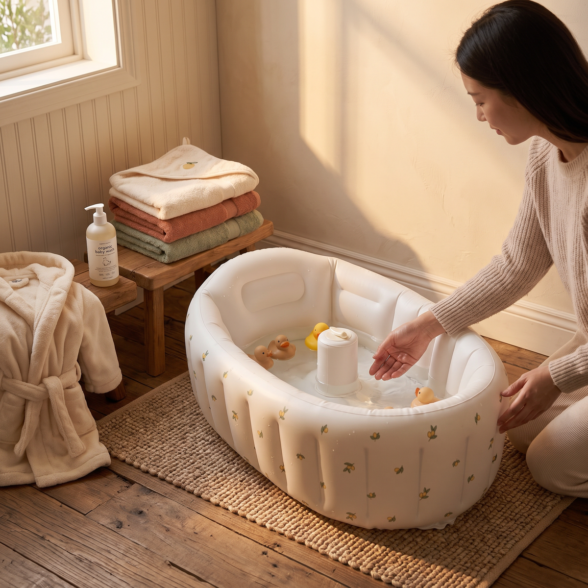 Inflatable baby bath tub set up in a cozy apartment bathroom